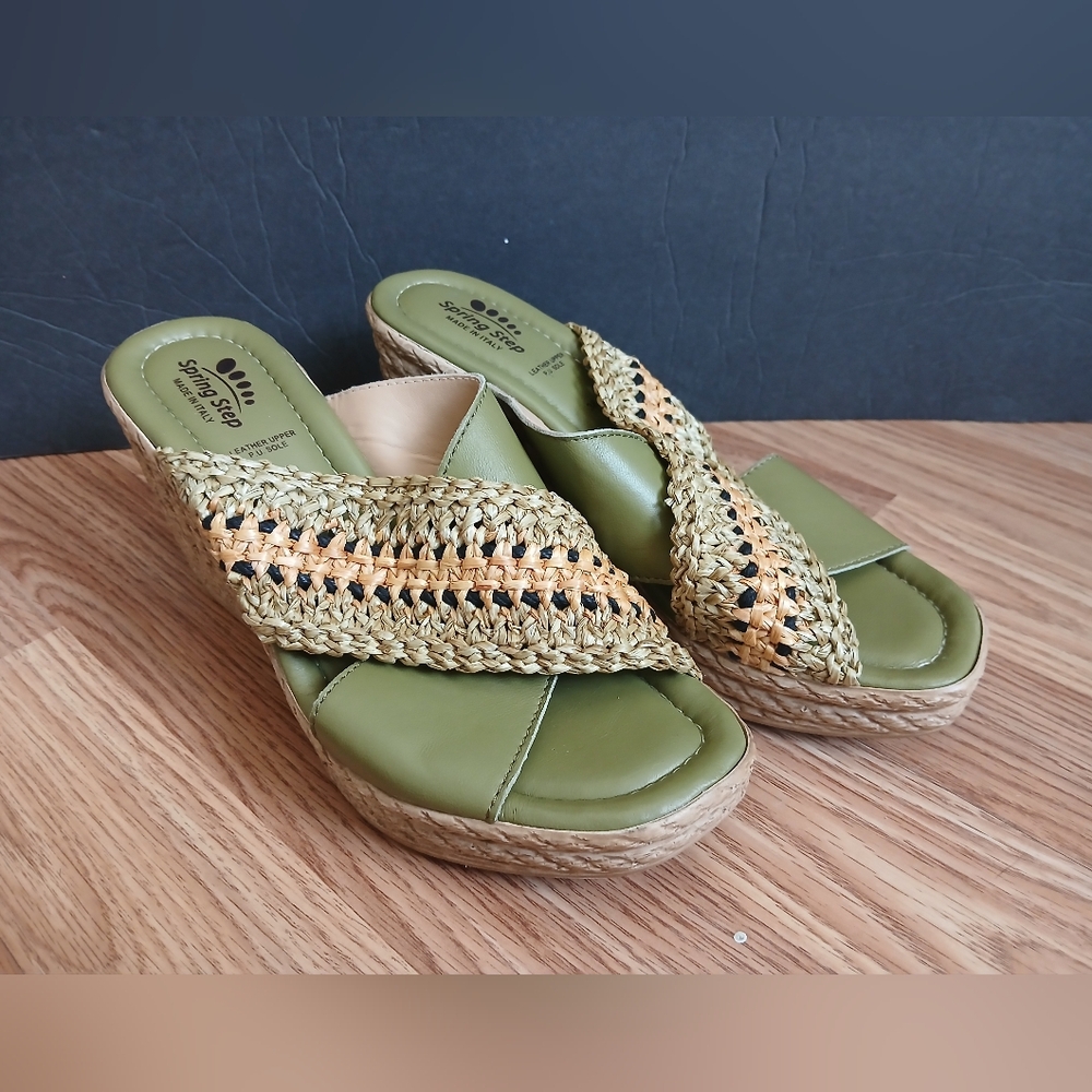 Spring Step Olive Green Woven Women's Wedge Sandals